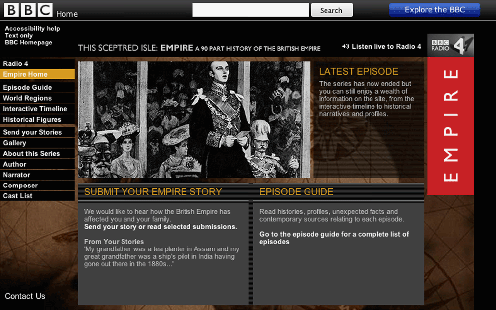 BBC Radio 4's Empire programme homepage, screenshot taken from live site