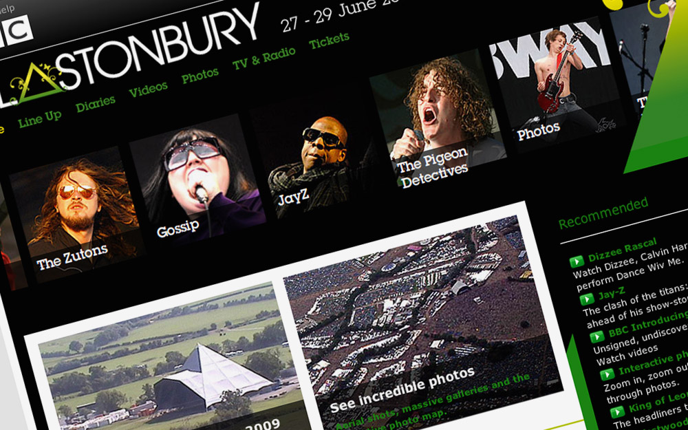 BBC's Glastonbury festival homepage design, screenshot taken from live site