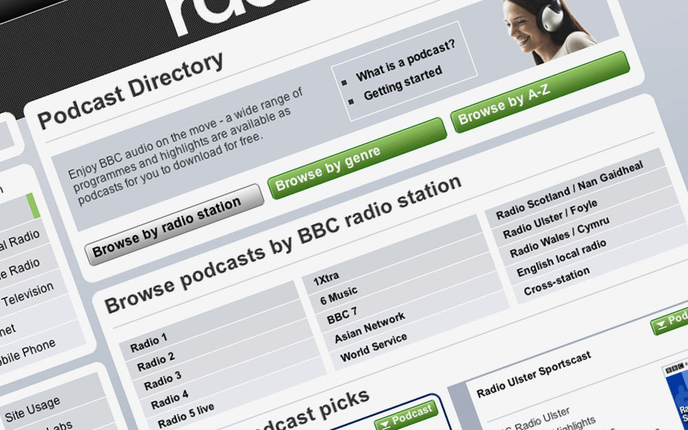 BBC Radio sub page 'Podcasts' design, screenshot taken from live site