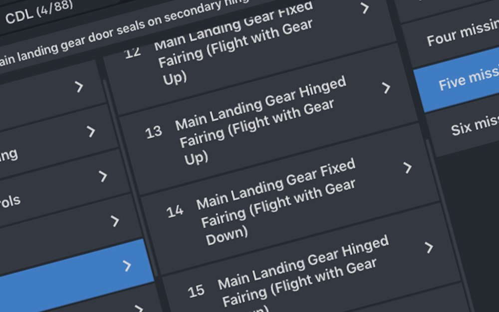 mBriefing Performance Calculator, night mode, landscape MEL/CDL popover selection error