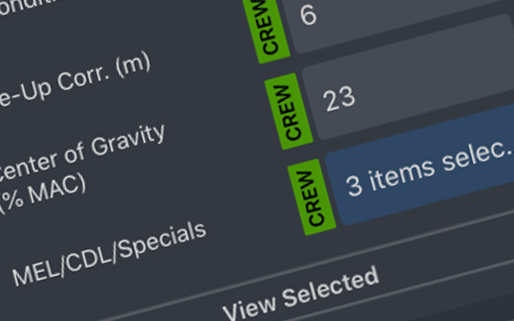 mBriefing Performance Calculator, night mode, 30% crew cross-check error